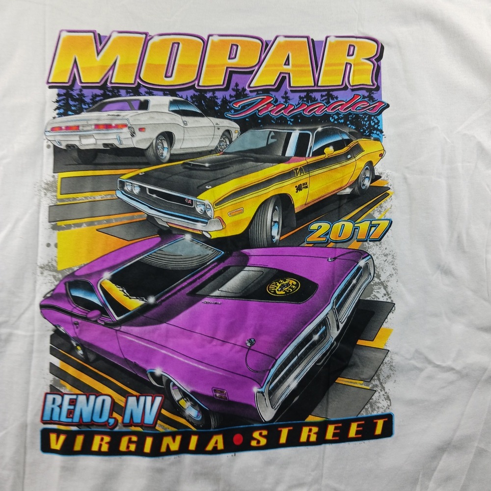 Gildan Mopar Invades 2017 Cruisin Reno Nevada Car Show Graphic T-Shirt White 3XL - Picture 4 of 9